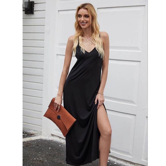 Black Cami Slip Casual Maxi Dress w/ Slits - Picture 5 of 9